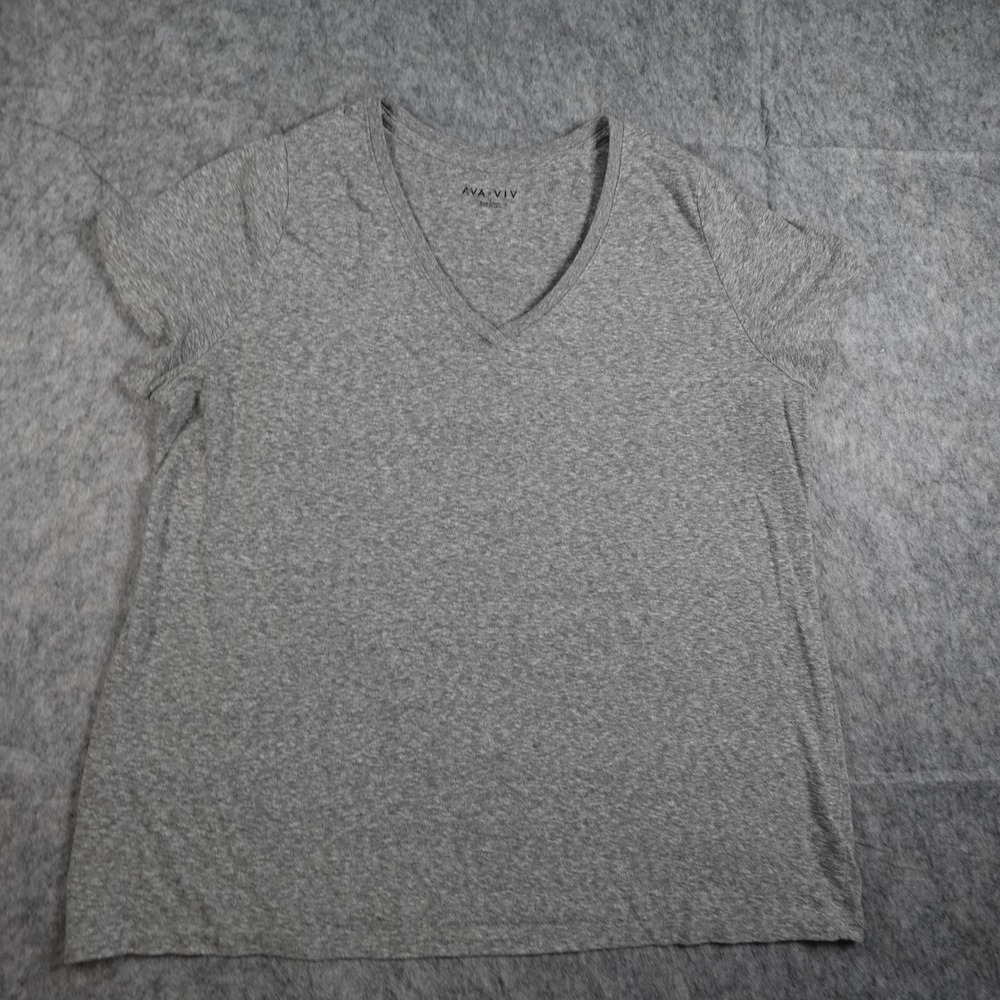 Ava Viv Top Women 1X Gray VNeck Short Sleeve Heathered Cotton Blend Casual Basic